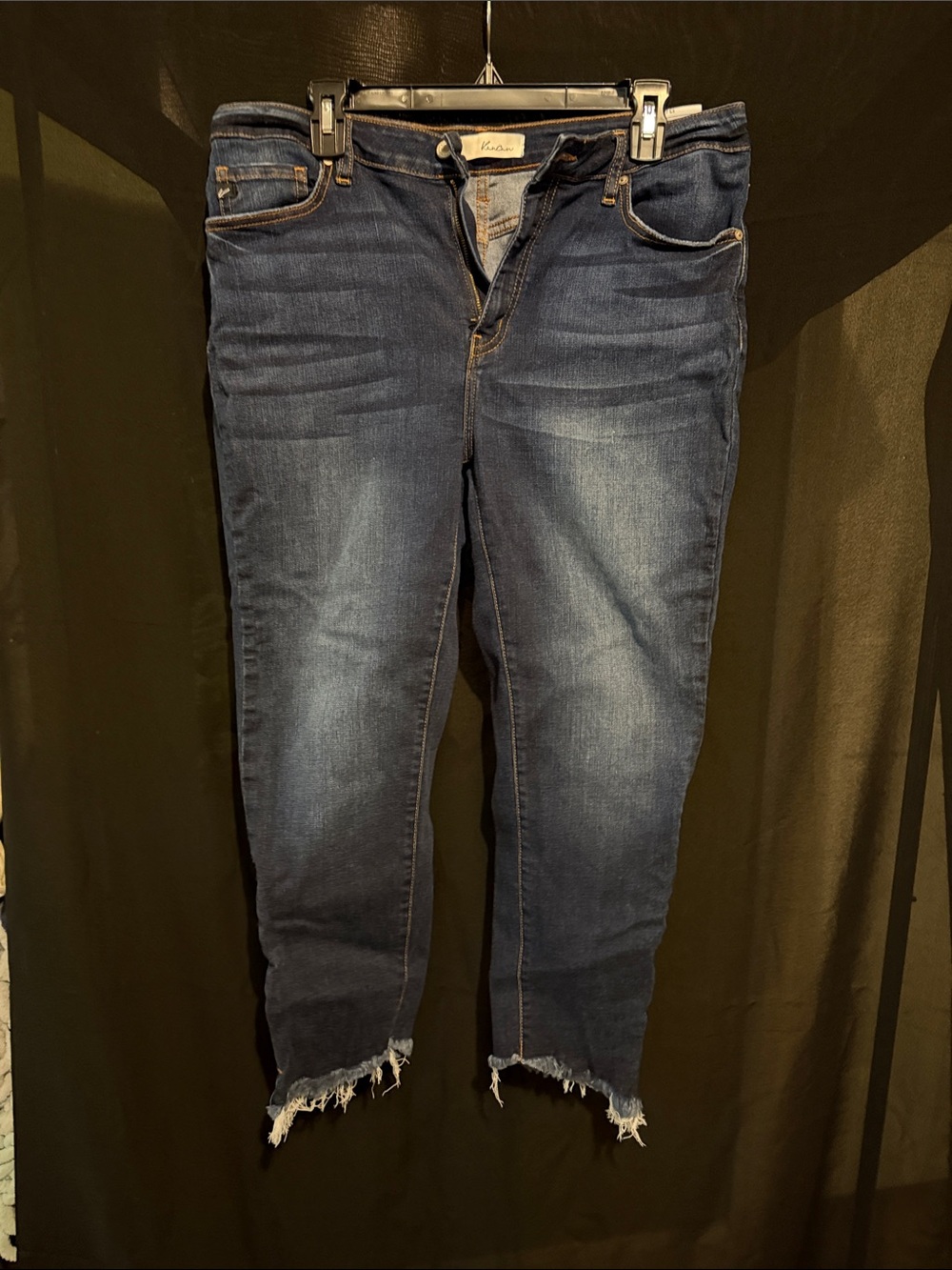 KanCan Dark Blue High-Rise Ankle Jeans with Frayed Hem